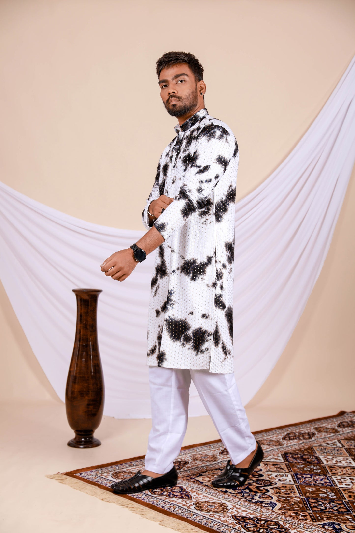 White Lucknowi Kurta With Jari Printed Black Splash Pattern (Only Kurta)