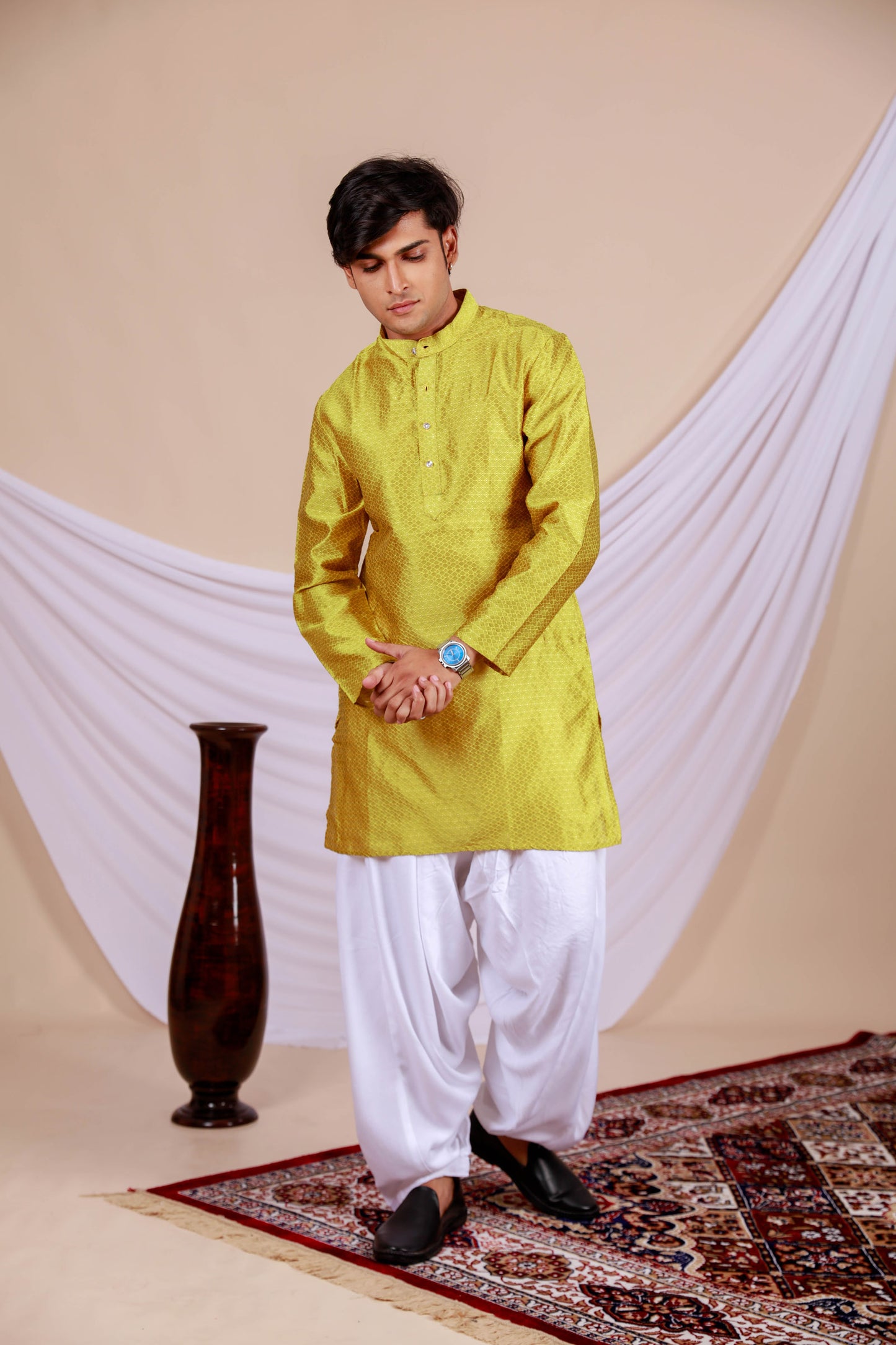 Yellow Textured Kurta with golden dots for men (Only Kurta)