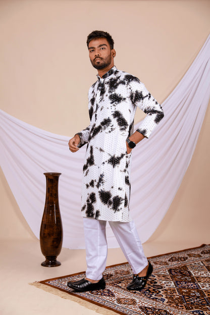 White Lucknowi Kurta With Jari Printed Black Splash Pattern (Only Kurta)