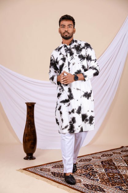 White Lucknowi Kurta With Jari Printed Black Splash Pattern (Only Kurta)