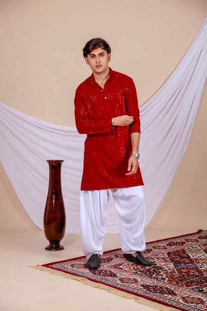 Wine Color Lucknowi Chikankari Kurta for Men (Only Kurta)