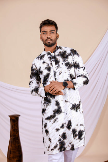 White Lucknowi Kurta With Jari Printed Black Splash Pattern (Only Kurta)