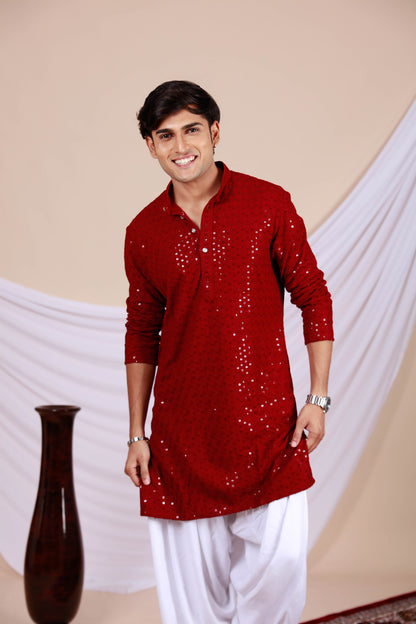 Wine Color Lucknowi Chikankari Kurta for Men (Only Kurta)