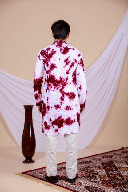 White Lucknowi Kurta With Jari Printed Wine Splash Pattern (Only Kurta)