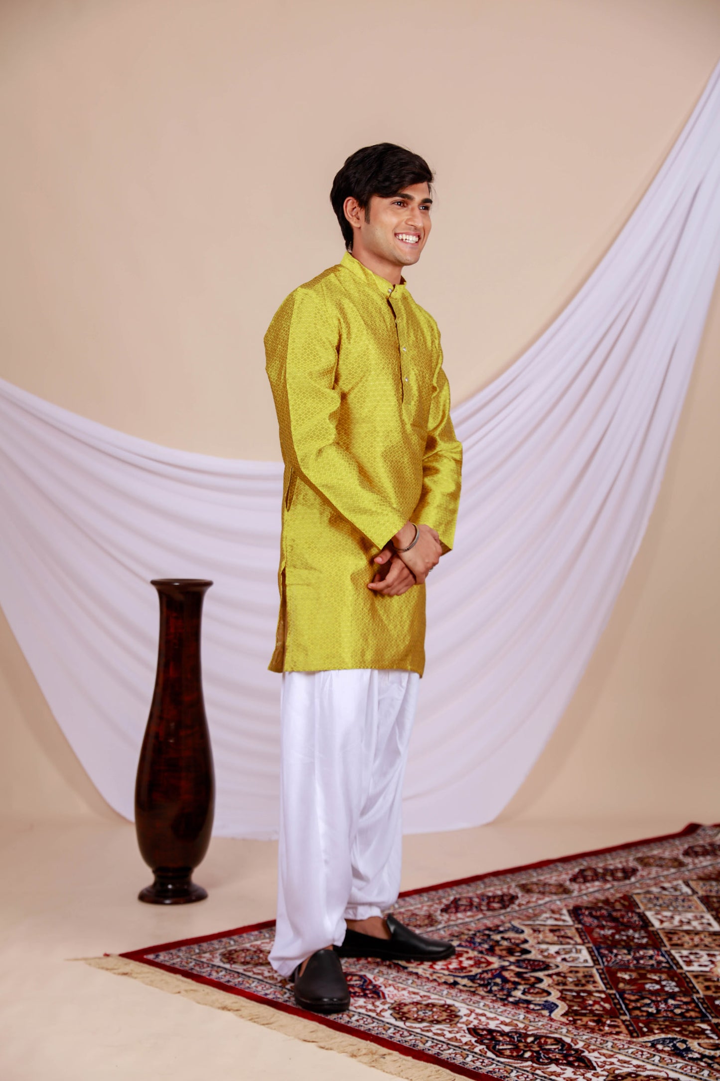 Yellow Textured Kurta with golden dots for men (Only Kurta)