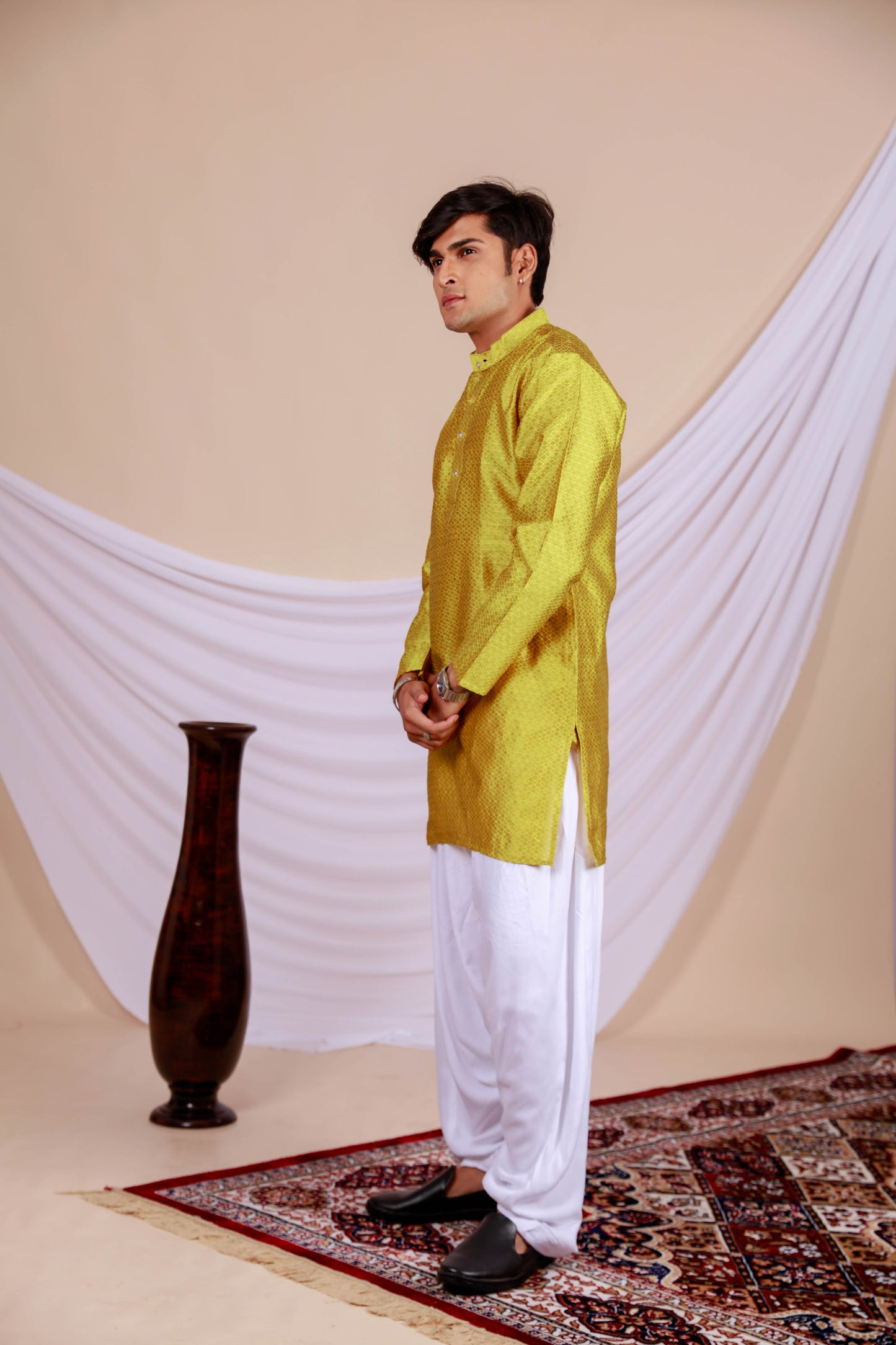 Yellow Textured Kurta with golden dots for men (Only Kurta)