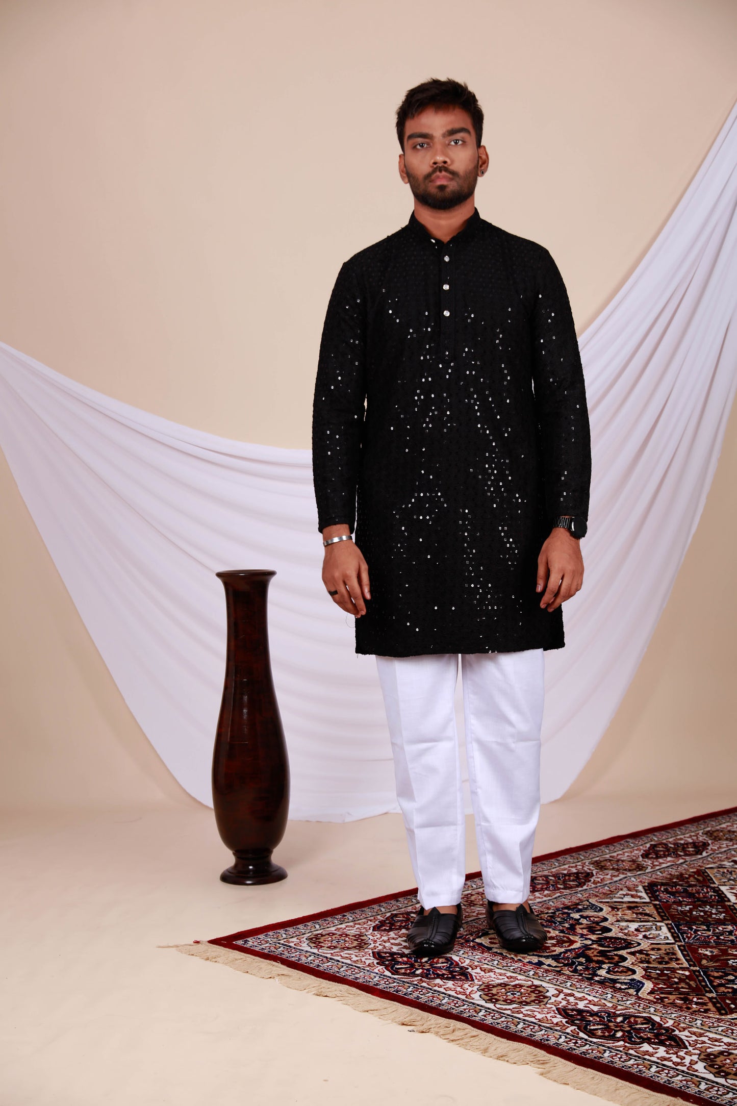 Black Lucknowi Chikankari Kurta for Men (Only Kurta)