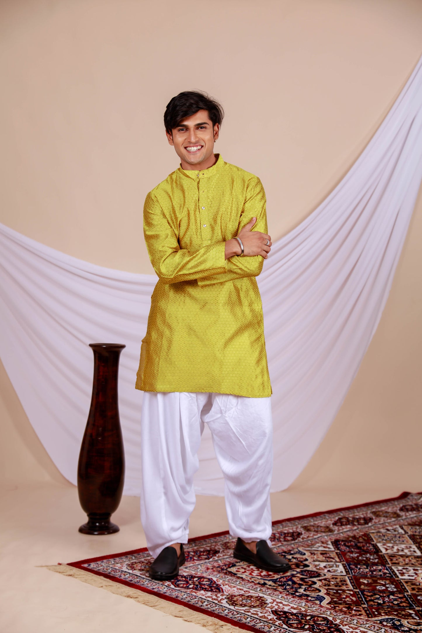 Yellow Textured Kurta with golden dots for men (Only Kurta)