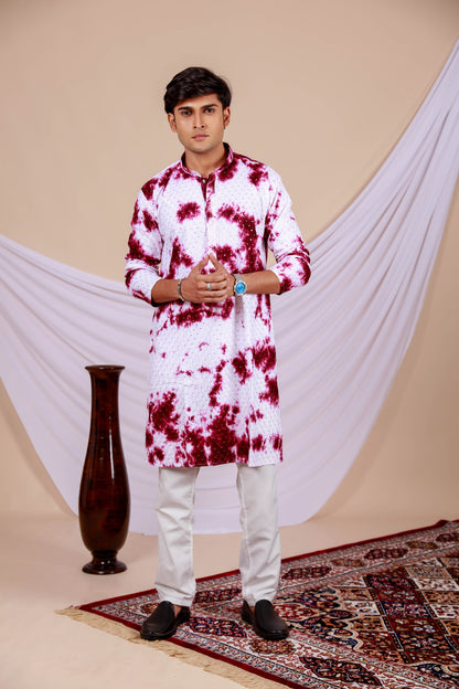 White Lucknowi Kurta With Jari Printed Wine Splash Pattern (Only Kurta)