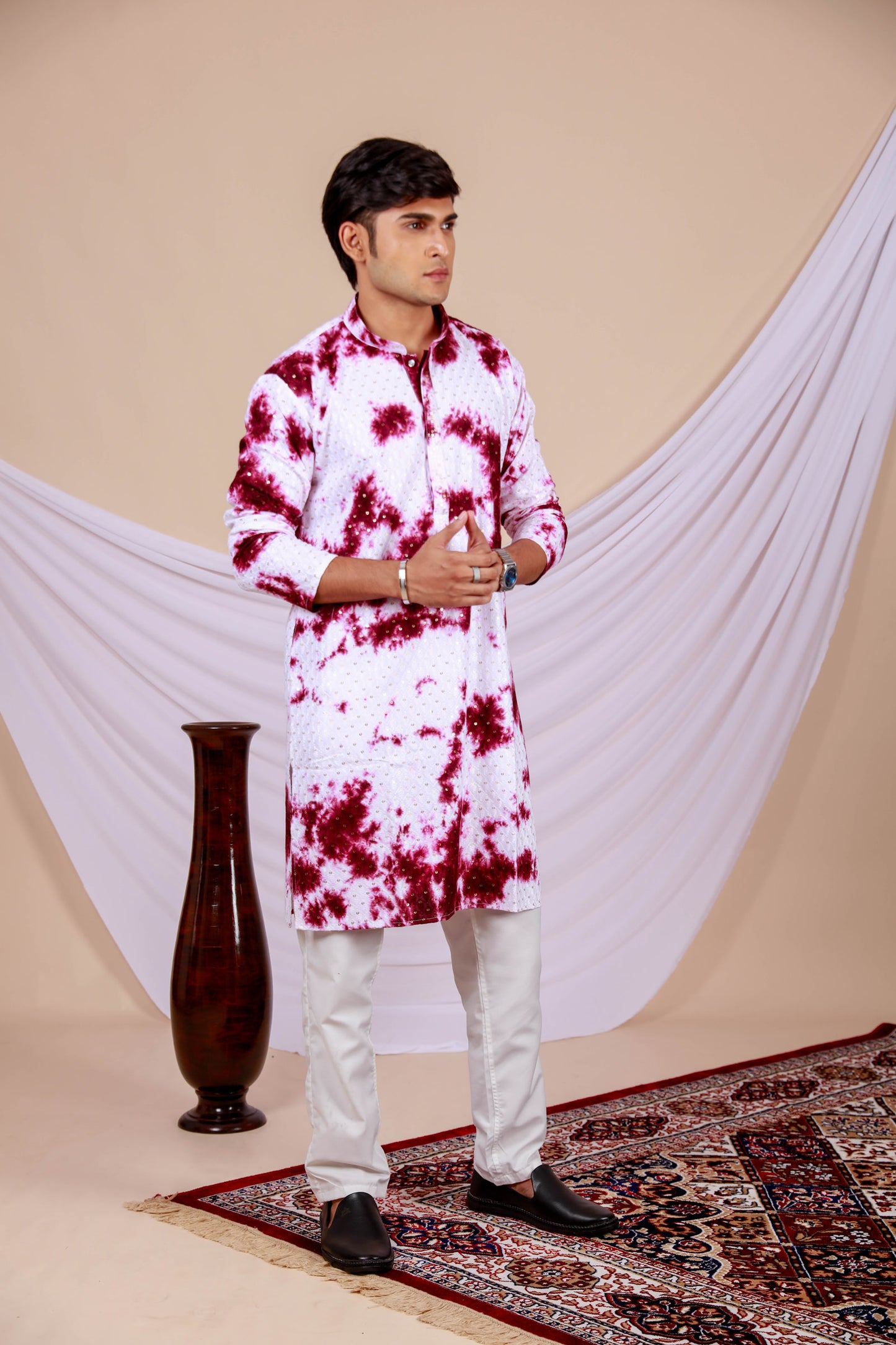 White Lucknowi Kurta With Jari Printed Wine Splash Pattern (Only Kurta)