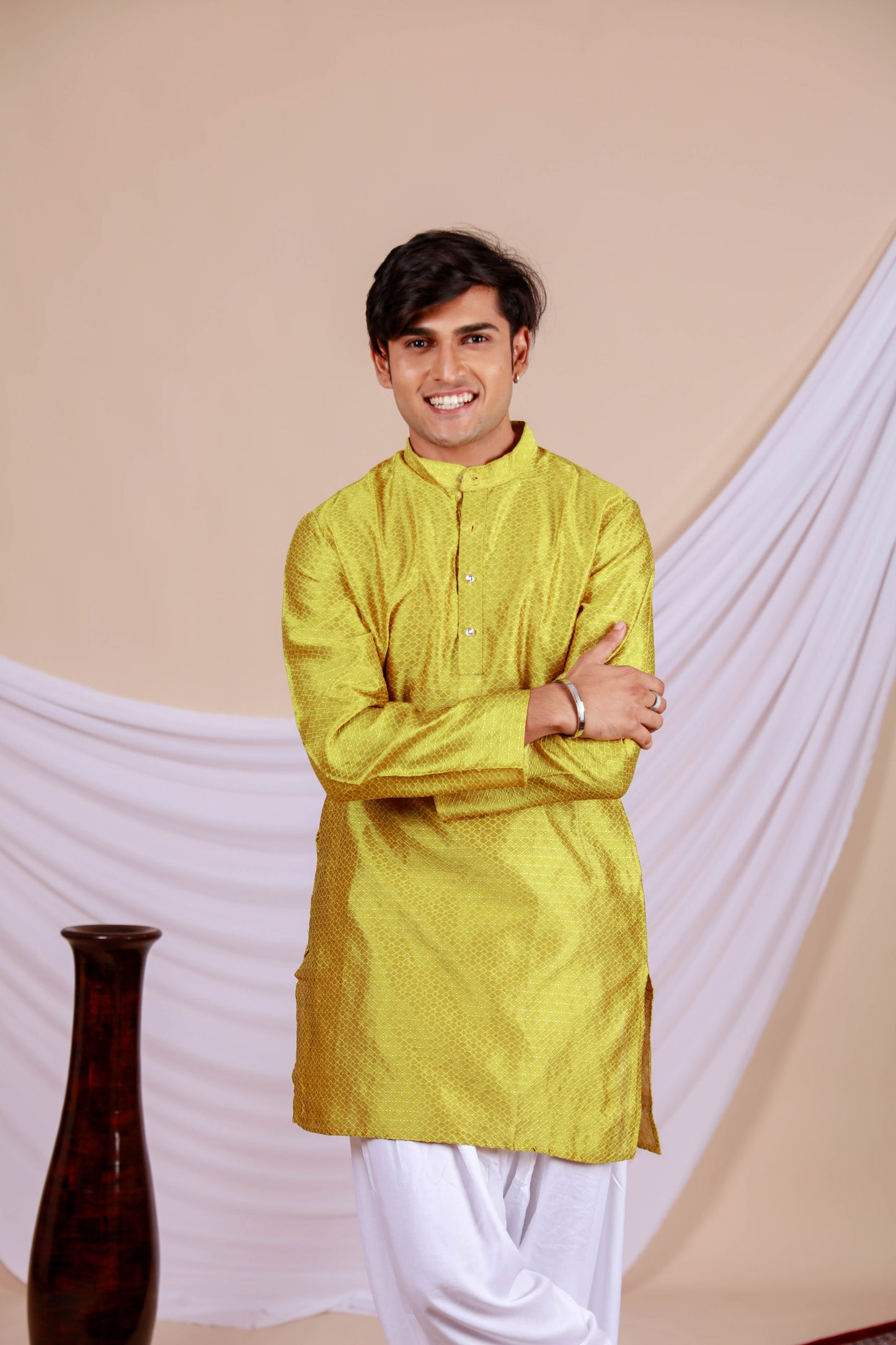 Yellow Textured Kurta with golden dots for men (Only Kurta)