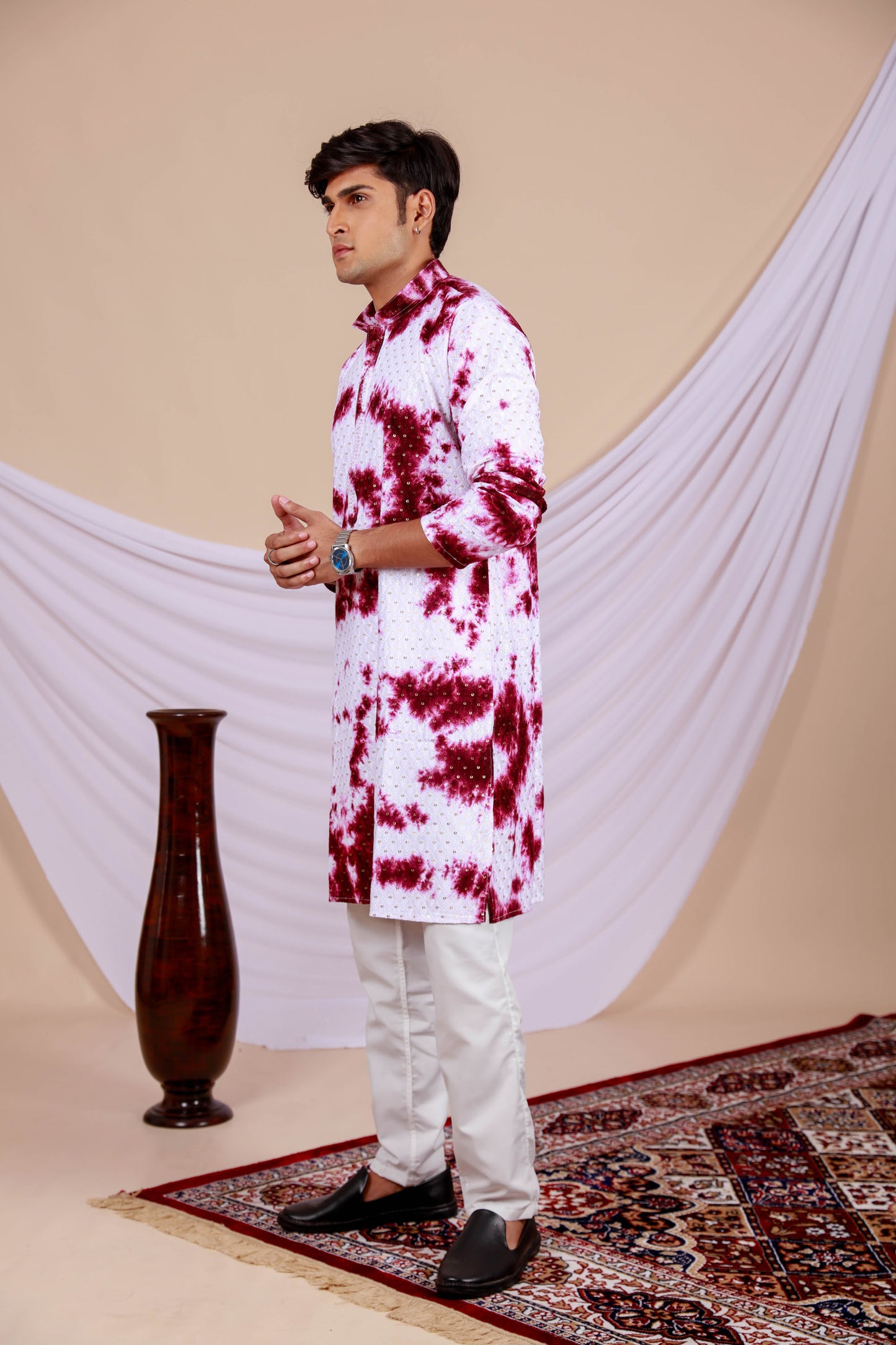 White Lucknowi Kurta With Jari Printed Wine Splash Pattern (Only Kurta)