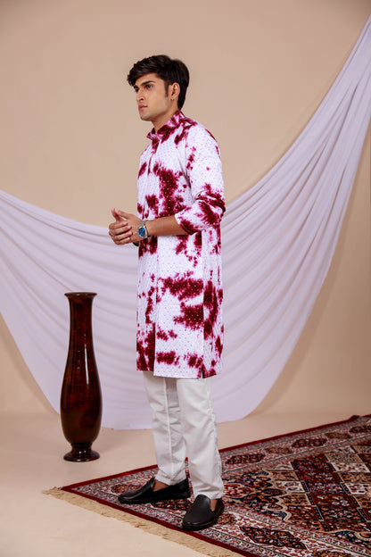 White Lucknowi Kurta With Jari Printed Wine Splash Pattern (Only Kurta)