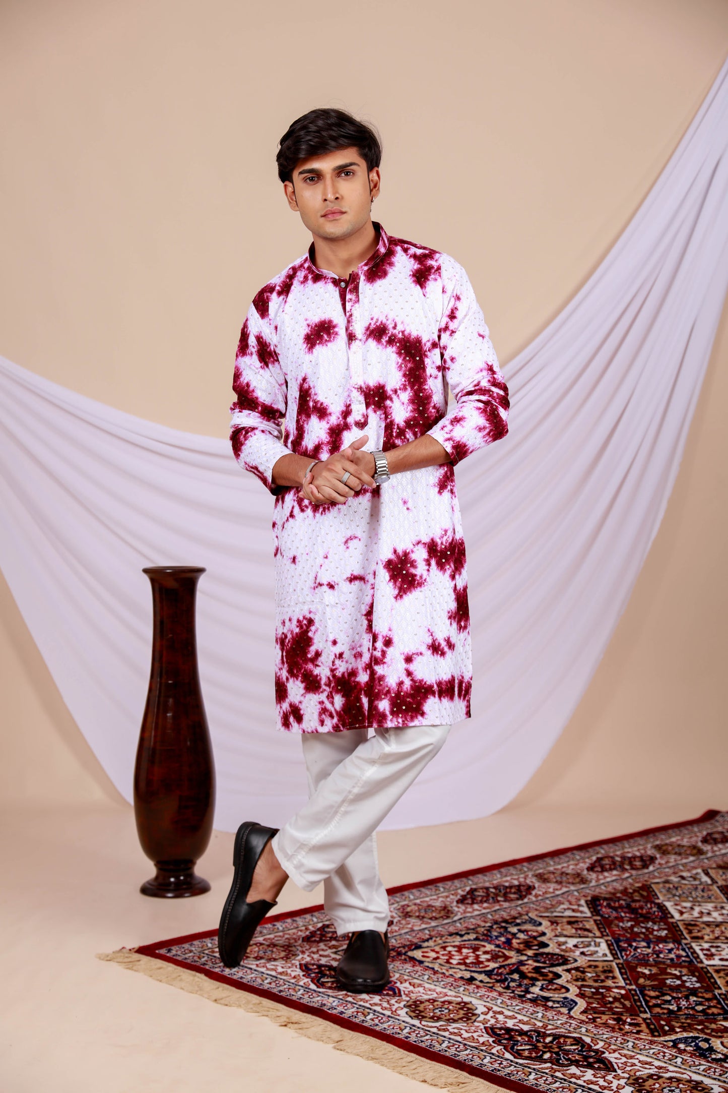 White Lucknowi Kurta With Jari Printed Wine Splash Pattern (Only Kurta)