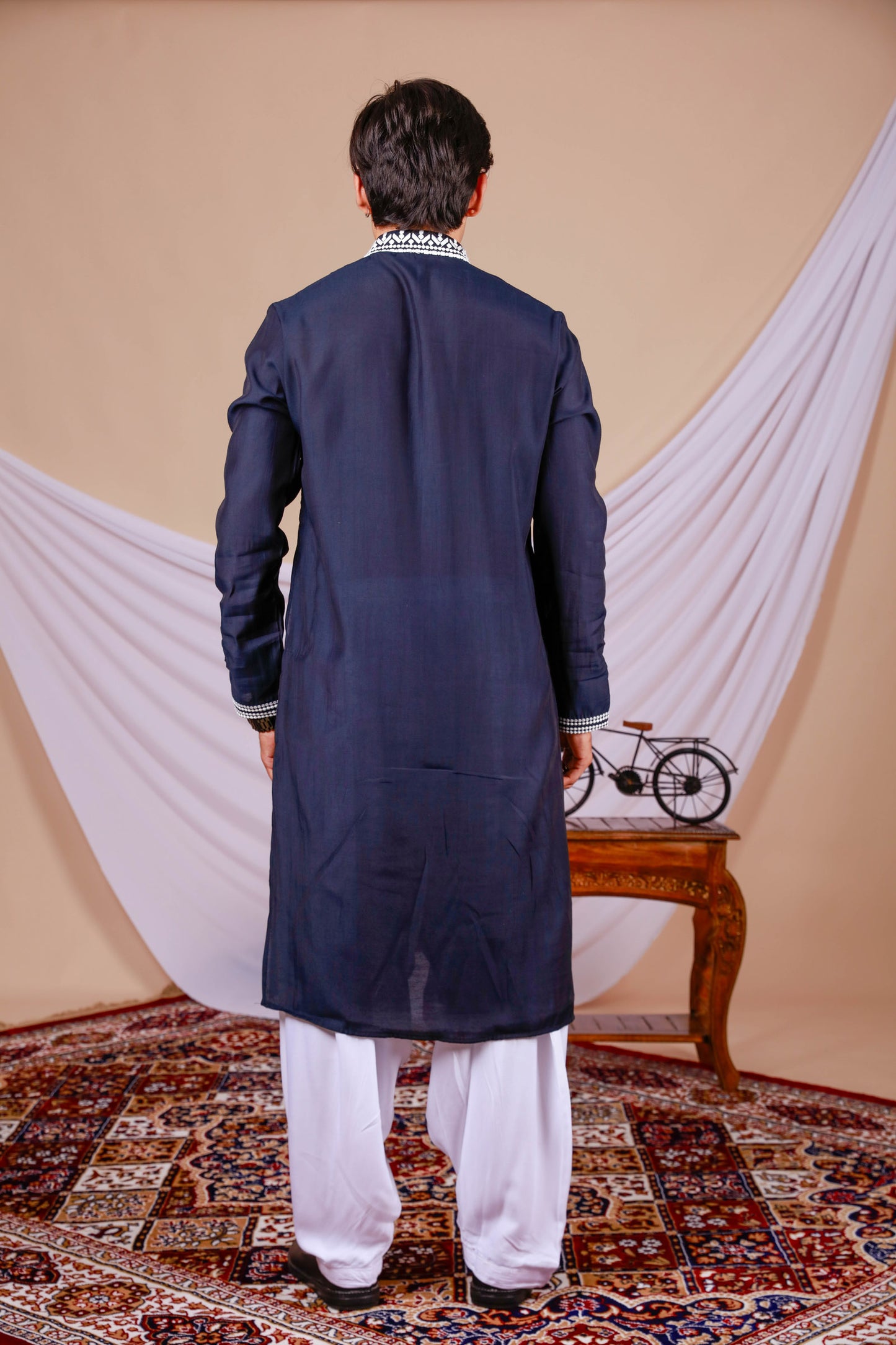 Dark Blue Plain Kurta for Men with Embroidered Neck (Only Kurta)