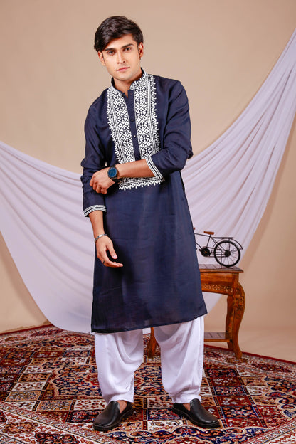 Dark Blue Plain Kurta for Men with Embroidered Neck (Only Kurta)