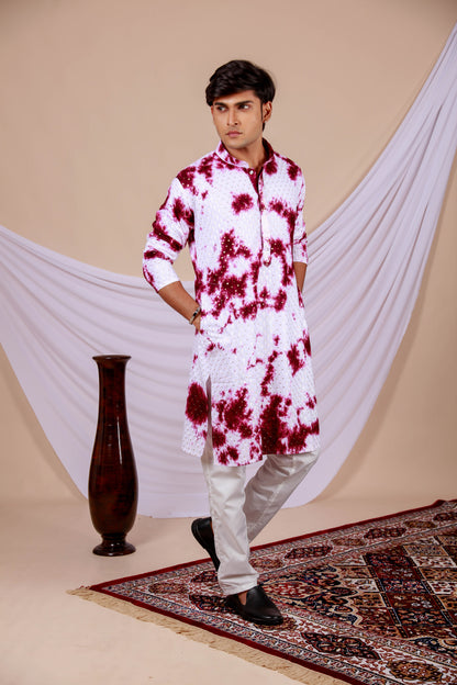 White Lucknowi Kurta With Jari Printed Wine Splash Pattern (Only Kurta)