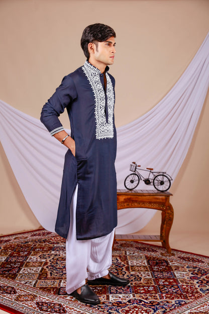 Dark Blue Plain Kurta for Men with Embroidered Neck (Only Kurta)