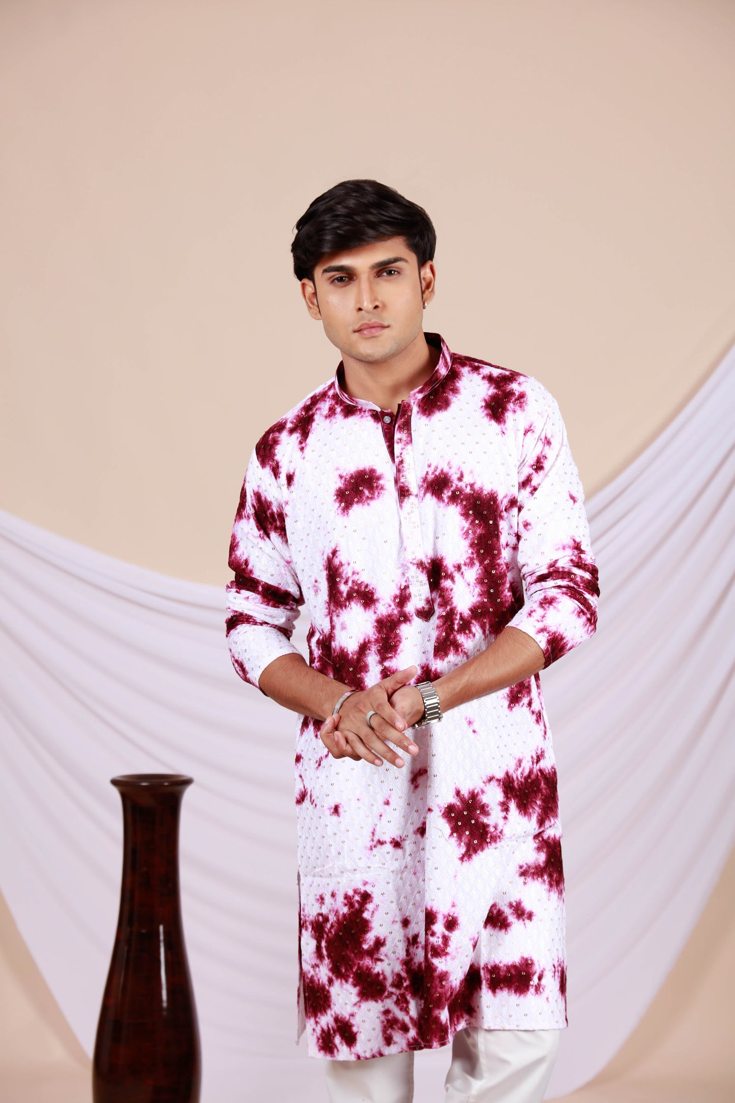 White Lucknowi Kurta With Jari Printed Wine Splash Pattern (Only Kurta)