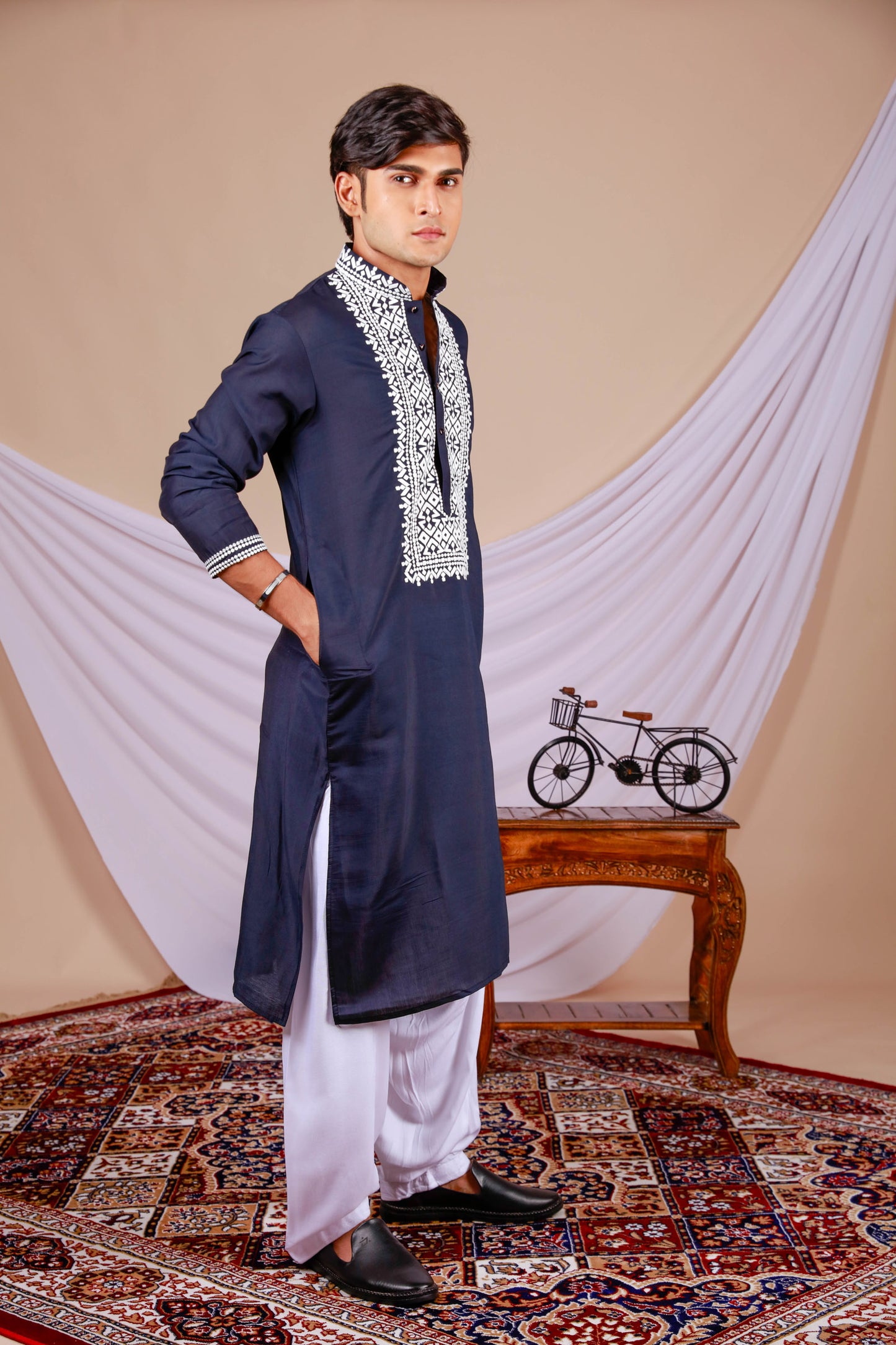 Dark Blue Plain Kurta for Men with Embroidered Neck (Only Kurta)