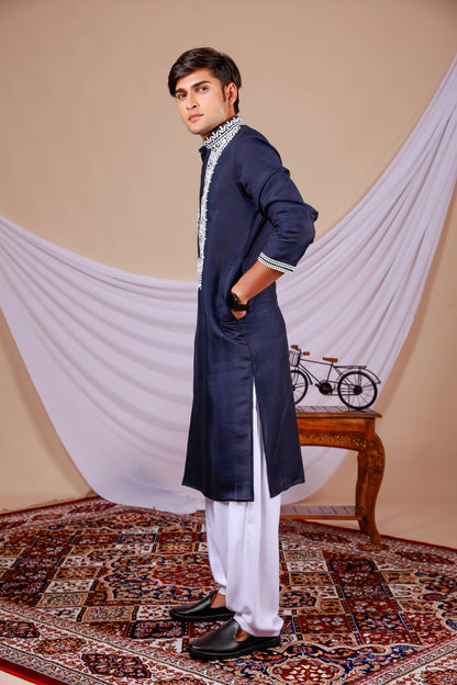 Dark Blue Plain Kurta for Men with Embroidered Neck (Only Kurta)