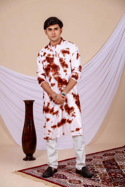 White Lucknowi Kurta With Jari Printed Brown Splash Pattern (Only Kurta)