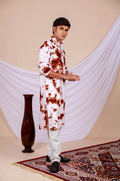 White Lucknowi Kurta With Jari Printed Brown Splash Pattern (Only Kurta)