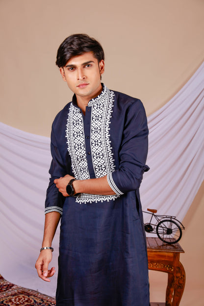 Dark Blue Plain Kurta for Men with Embroidered Neck (Only Kurta)