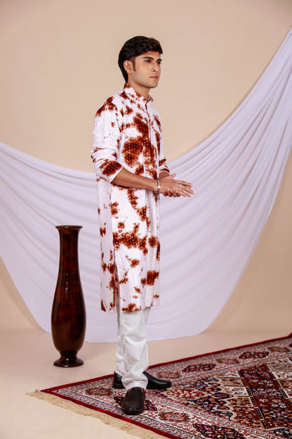 White Lucknowi Kurta With Jari Printed Brown Splash Pattern (Only Kurta)