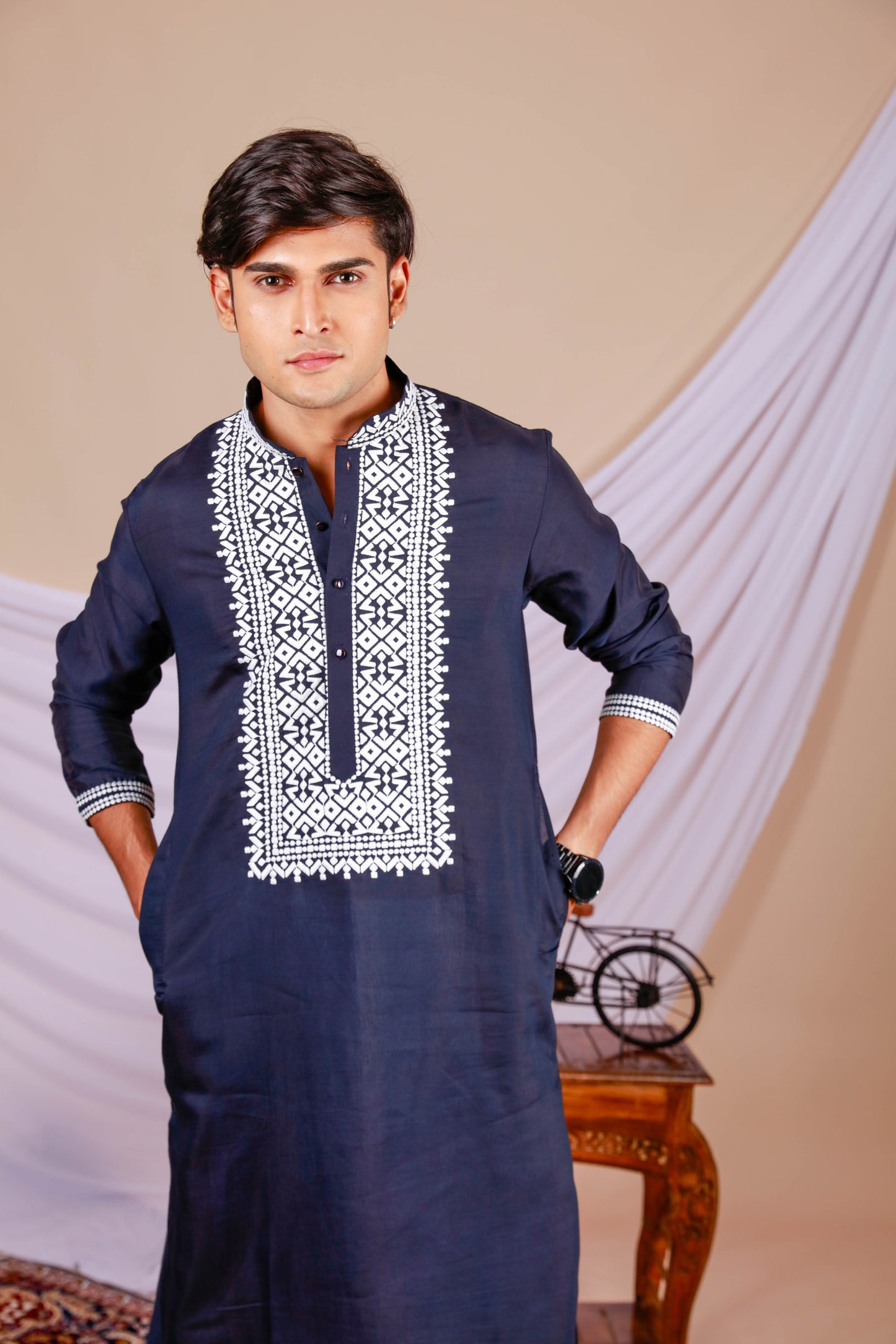 Dark Blue Plain Kurta for Men with Embroidered Neck (Only Kurta)