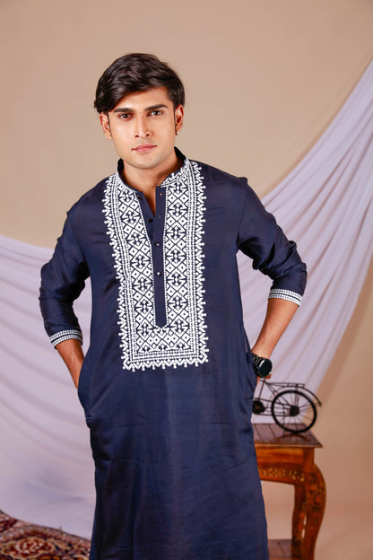 Dark Blue Plain Kurta for Men with Embroidered Neck (Only Kurta)