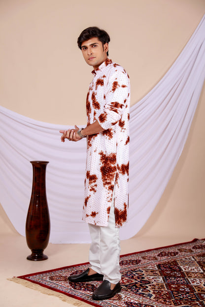 White Lucknowi Kurta With Jari Printed Brown Splash Pattern (Only Kurta)