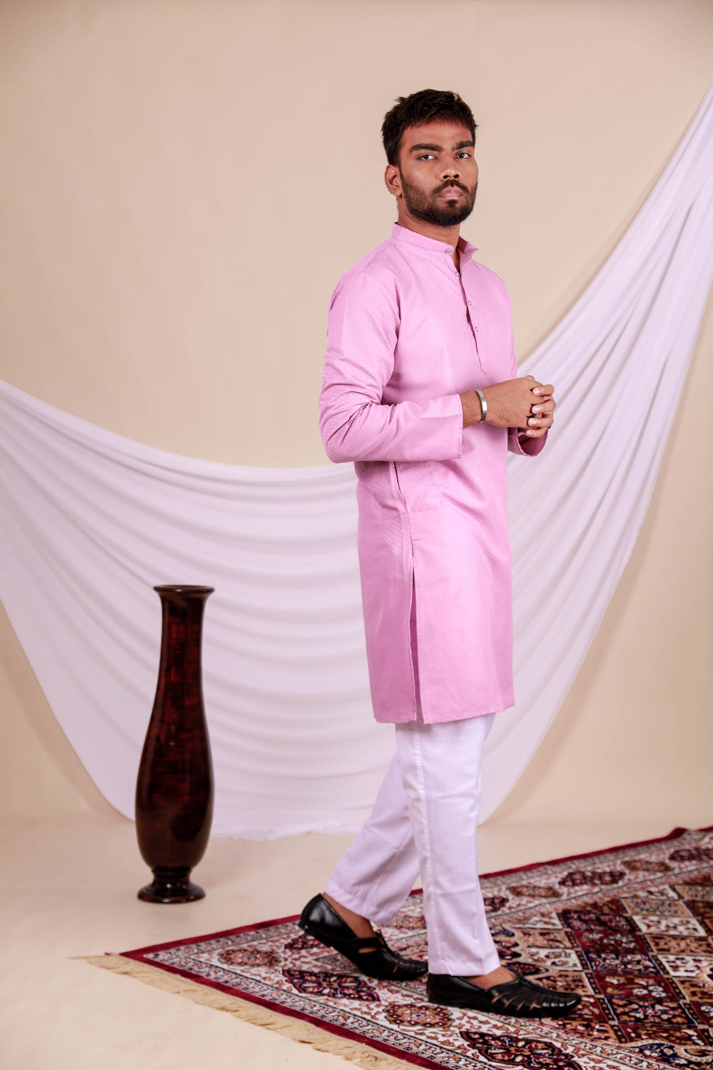 Pink Embossed Textured Plain Kurta (Only Kurta)