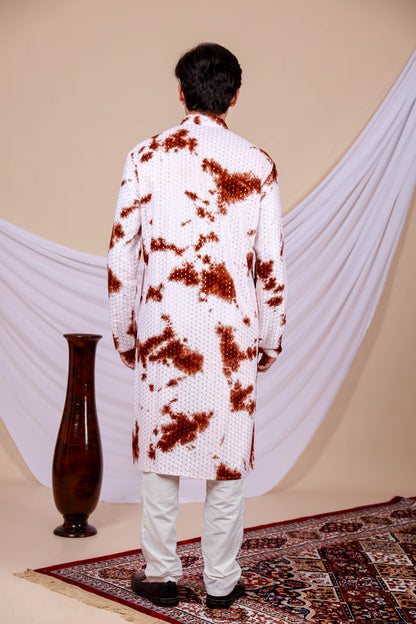 White Lucknowi Kurta With Jari Printed Brown Splash Pattern (Only Kurta)