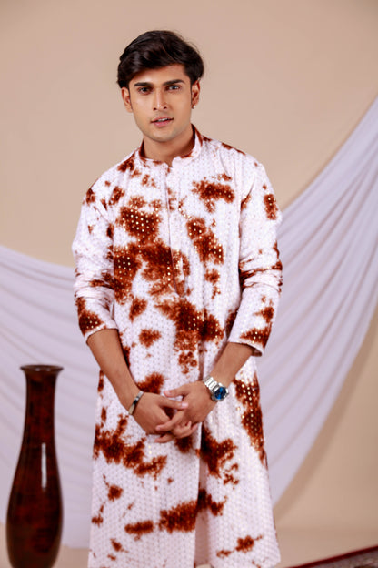 White Lucknowi Kurta With Jari Printed Brown Splash Pattern (Only Kurta)