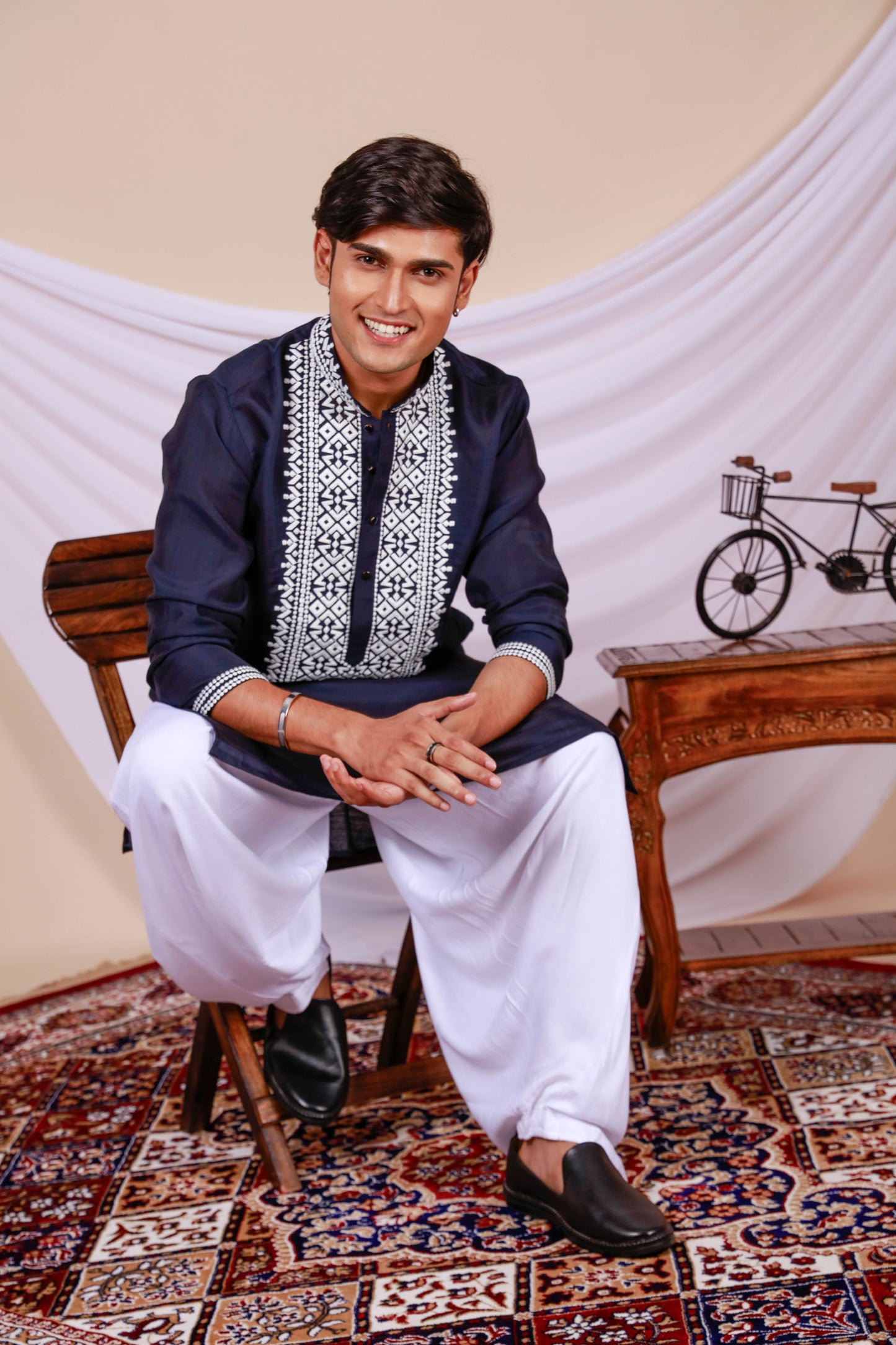 Dark Blue Plain Kurta for Men with Embroidered Neck (Only Kurta)