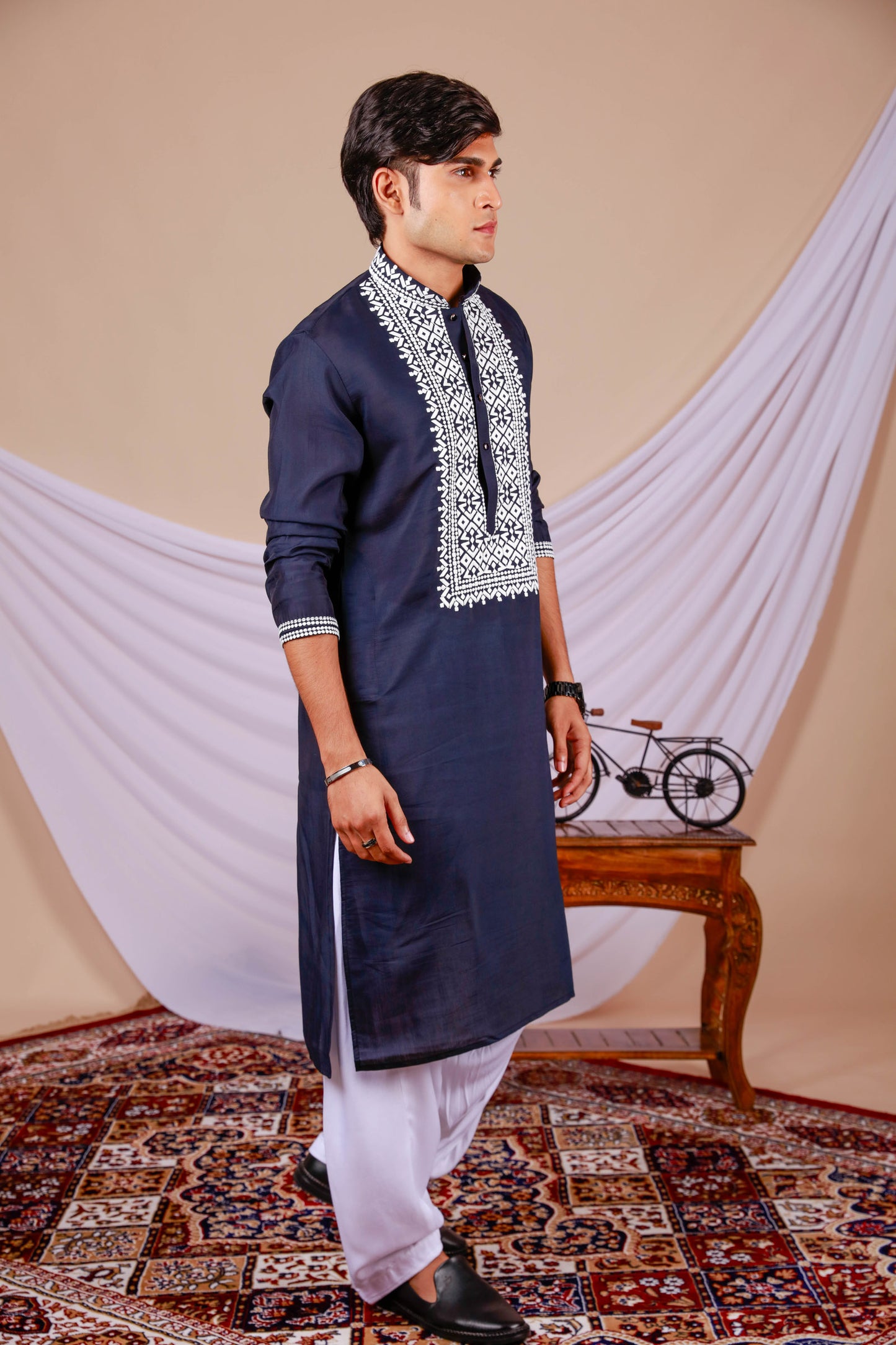 Dark Blue Plain Kurta for Men with Embroidered Neck (Only Kurta)