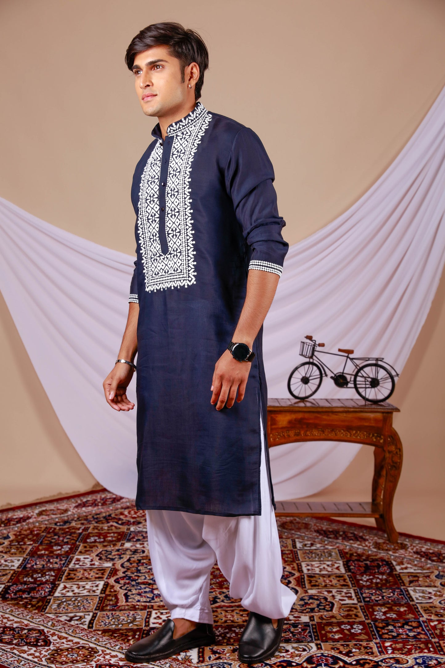 Dark Blue Plain Kurta for Men with Embroidered Neck (Only Kurta)