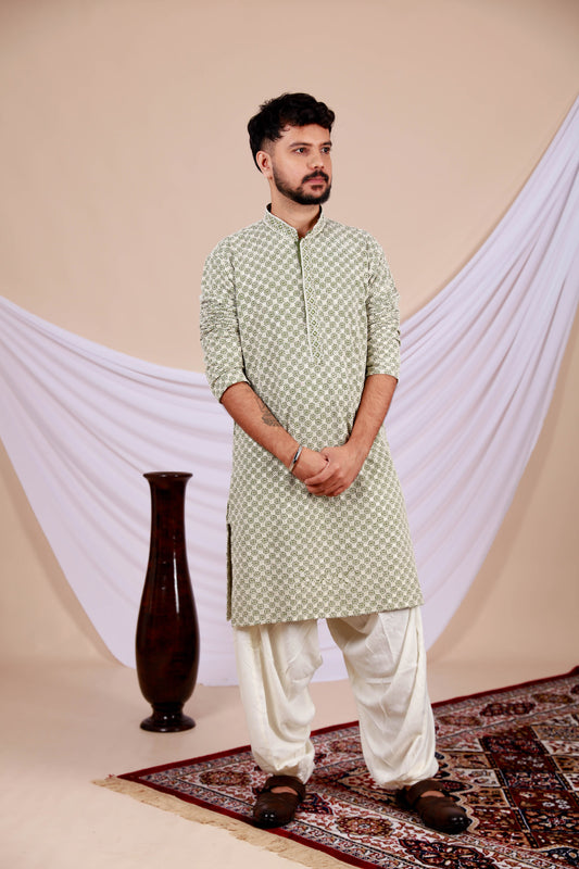 Green Lucknowi Kurta With Embroidery Work (Only Kurta)