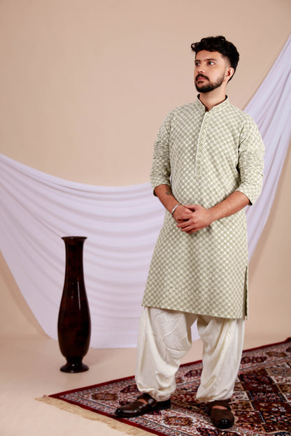 Green Lucknowi Kurta With Embroidery Work (Only Kurta)