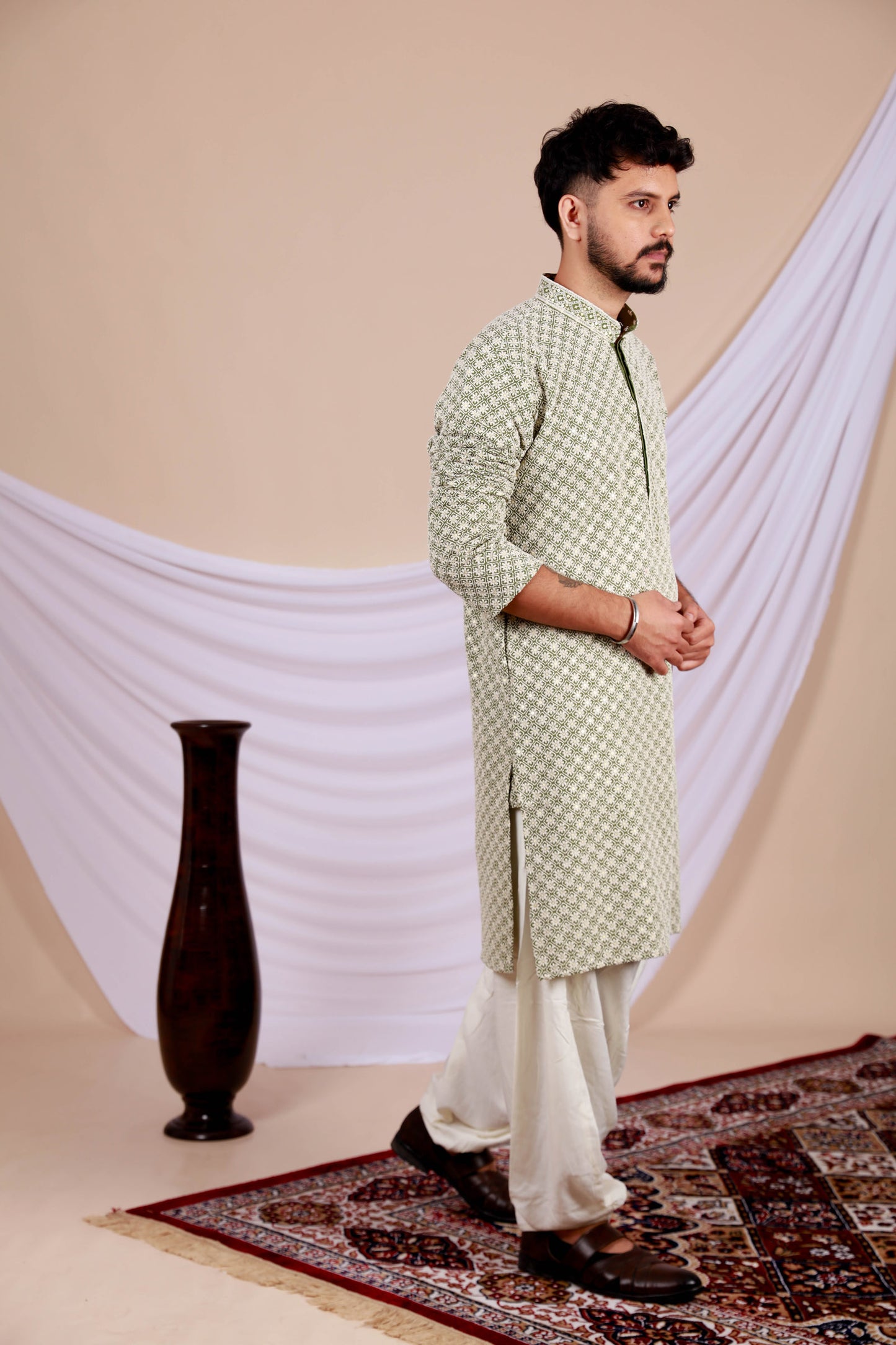 Green Lucknowi Kurta With Embroidery Work (Only Kurta)