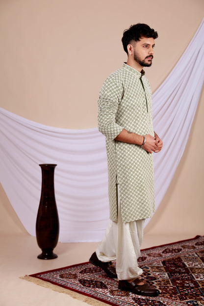 Green Lucknowi Kurta With Embroidery Work (Only Kurta)