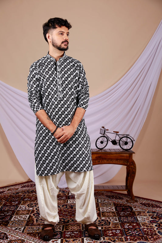 Black & White Printed Lucknowi kurta with Embroidery work (Only Kurta)