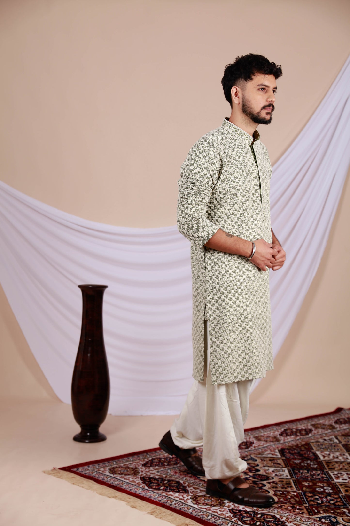 Green Lucknowi Kurta With Embroidery Work (Only Kurta)