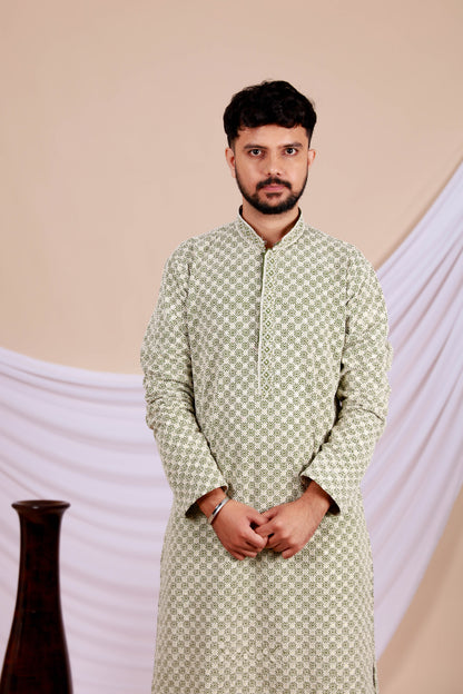 Green Lucknowi Kurta With Embroidery Work (Only Kurta)