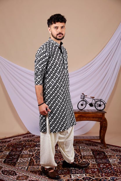 Black & White Printed Lucknowi kurta with Embroidery work (Only Kurta)