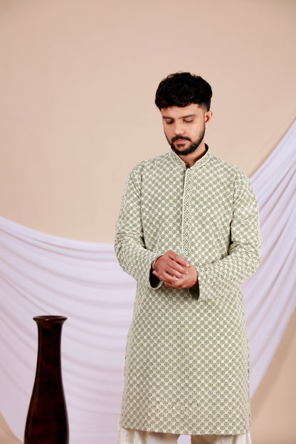 Green Lucknowi Kurta With Embroidery Work (Only Kurta)