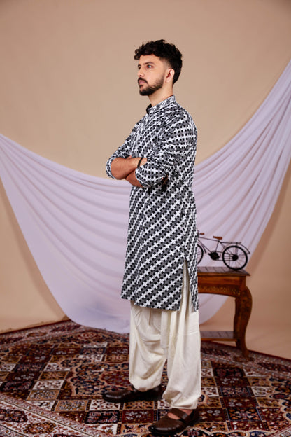 Black & White Printed Lucknowi kurta with Embroidery work (Only Kurta)