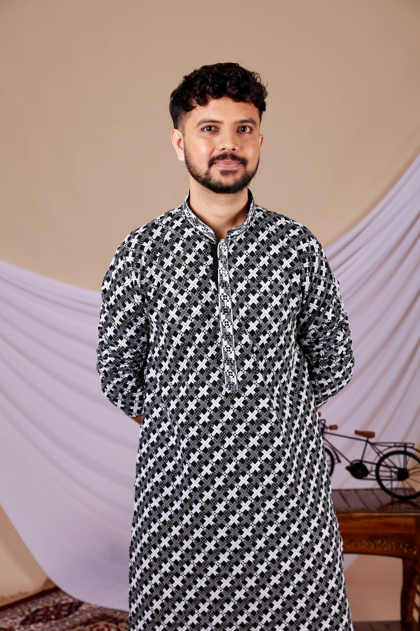 Black & White Printed Lucknowi kurta with Embroidery work (Only Kurta)