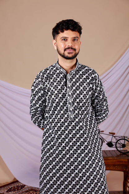 Black & White Printed Lucknowi kurta with Embroidery work (Only Kurta)